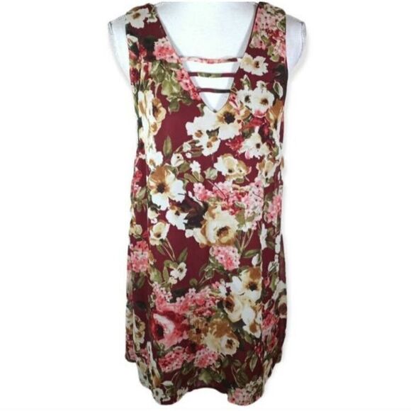 BLUE RAIN BURGUNDY, PINK, & CREAM FLORAL SLEEVELESS DRESS SZ.M EUC. - Picture 1 of 7